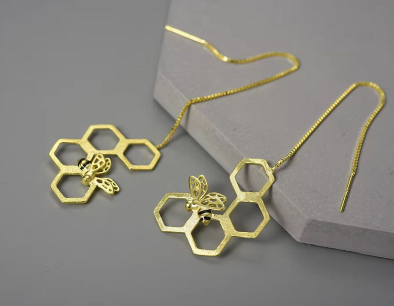 Honeycomb and Bee Long Hanging Dangle Earrings