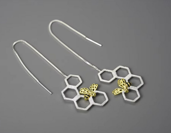 Honeycomb and Bee Long Hanging Dangle Earrings