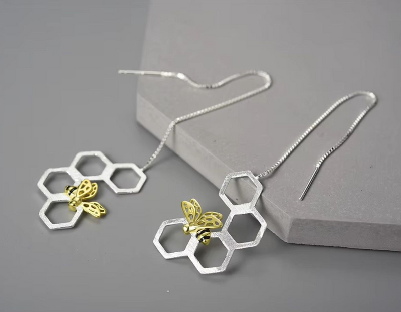 Honeycomb and Bee Long Hanging Dangle Earrings