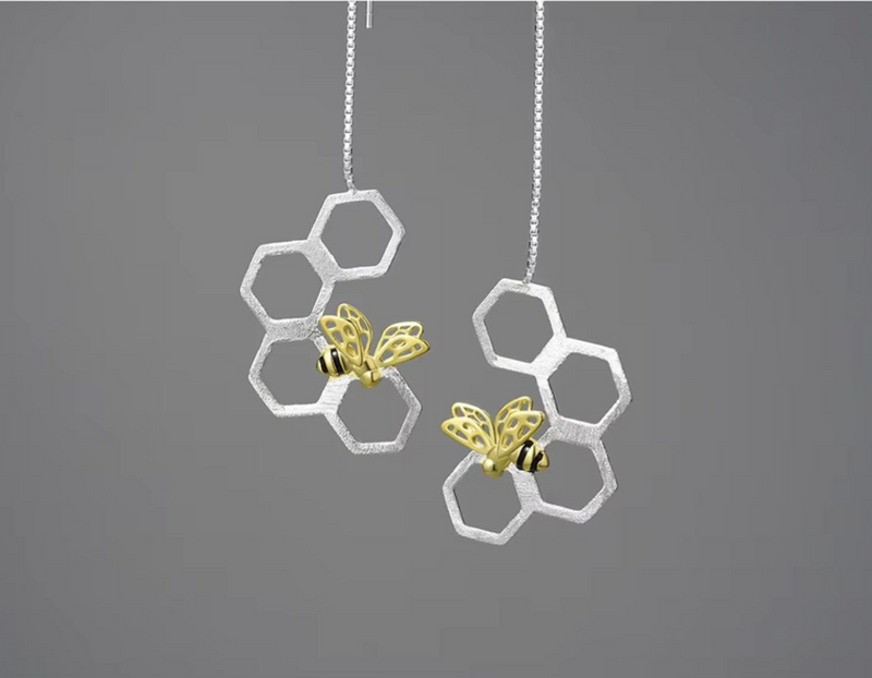 Honeycomb and Bee Long Hanging Dangle Earrings