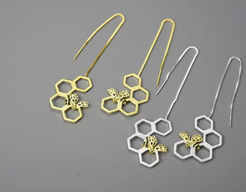 Honeycomb and Bee Long Hanging Dangle Earrings