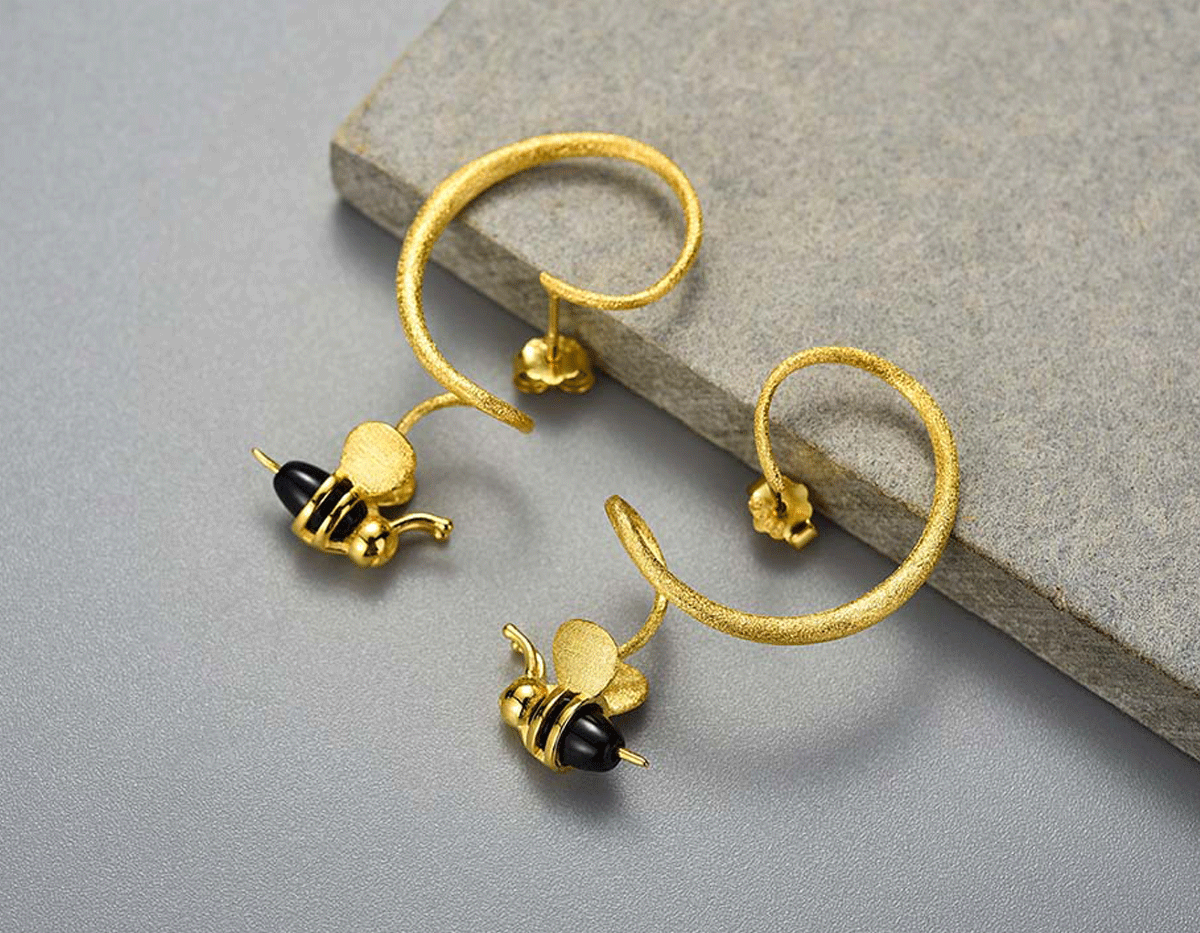 Queen Bee Honey Earrings for Minimalist, Handmade Jewelry Design, newest Sterling Silver Earrings for Prom, Gift Baptism, Wedding, Bridesmaid